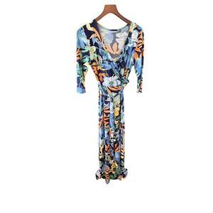 Floral Wrap Maxi Dress Navy Blue Tropical Print V-Neck 3/4 Sleeve Summer Gown